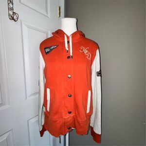 Harley Davidson Women's XL Orange Hooded Varsity Jacket Snap Closure Bikercore